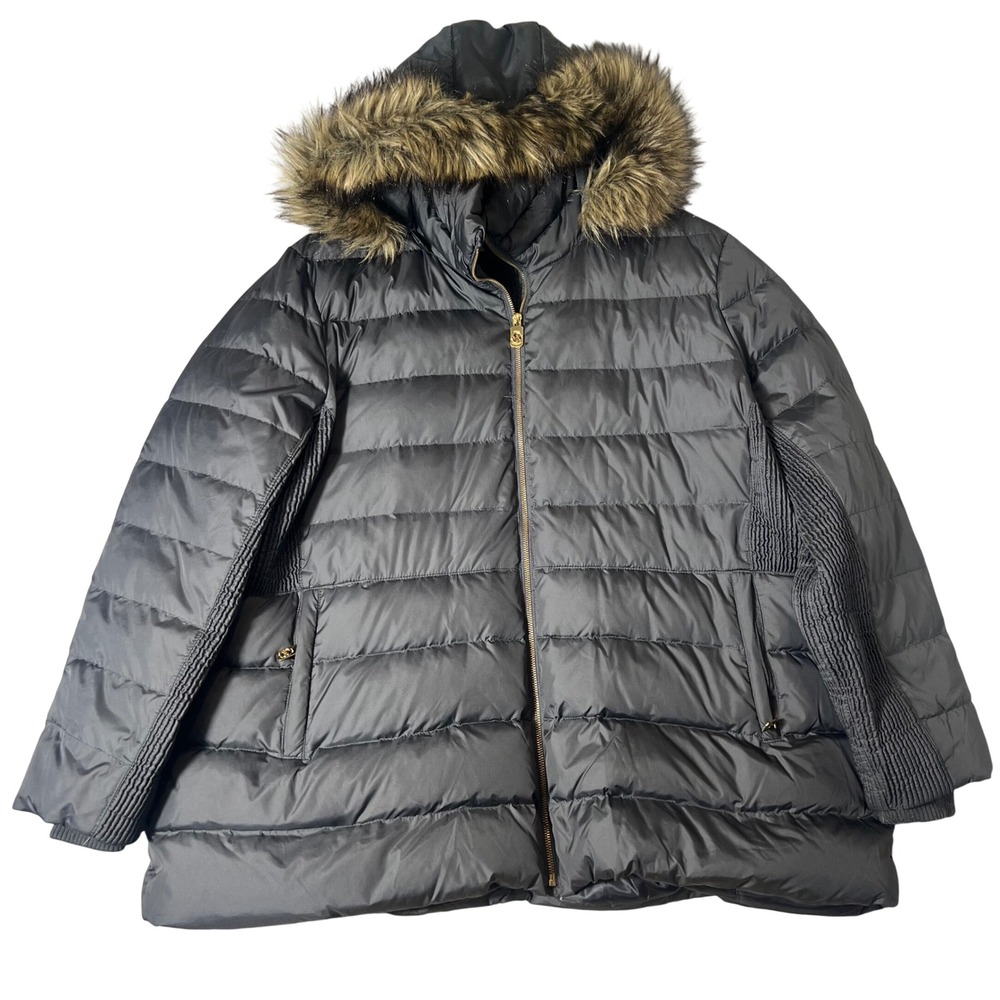 Michael Kors Womens Black Down Faux Fur Hood Puffer Jacket Coat 3X